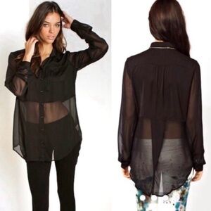 Free People Black Sheer Button-Up Blouse